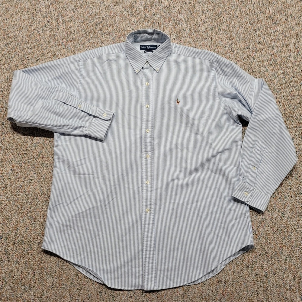 Ralph Lauren Oxford Shirt Mens Large Blue Stripe Classic Fit Multicolor Pony